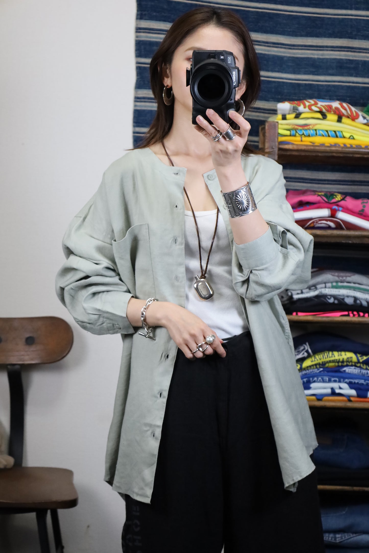 Z618 / 1990's GOOUCH no collar linen shirt