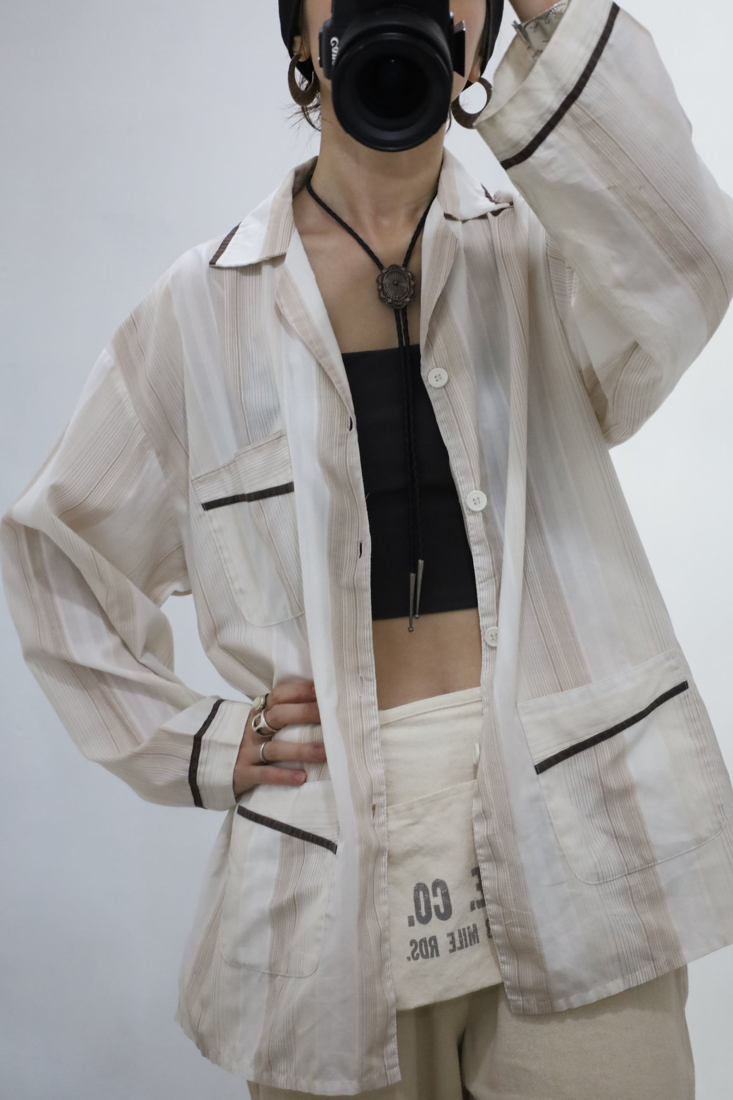 D420 / 1990's PYJAMA KIM HUONG stripe pajama shirt