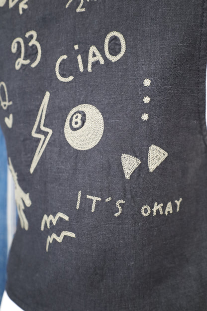 HOWIE embroidery linen vest (black)